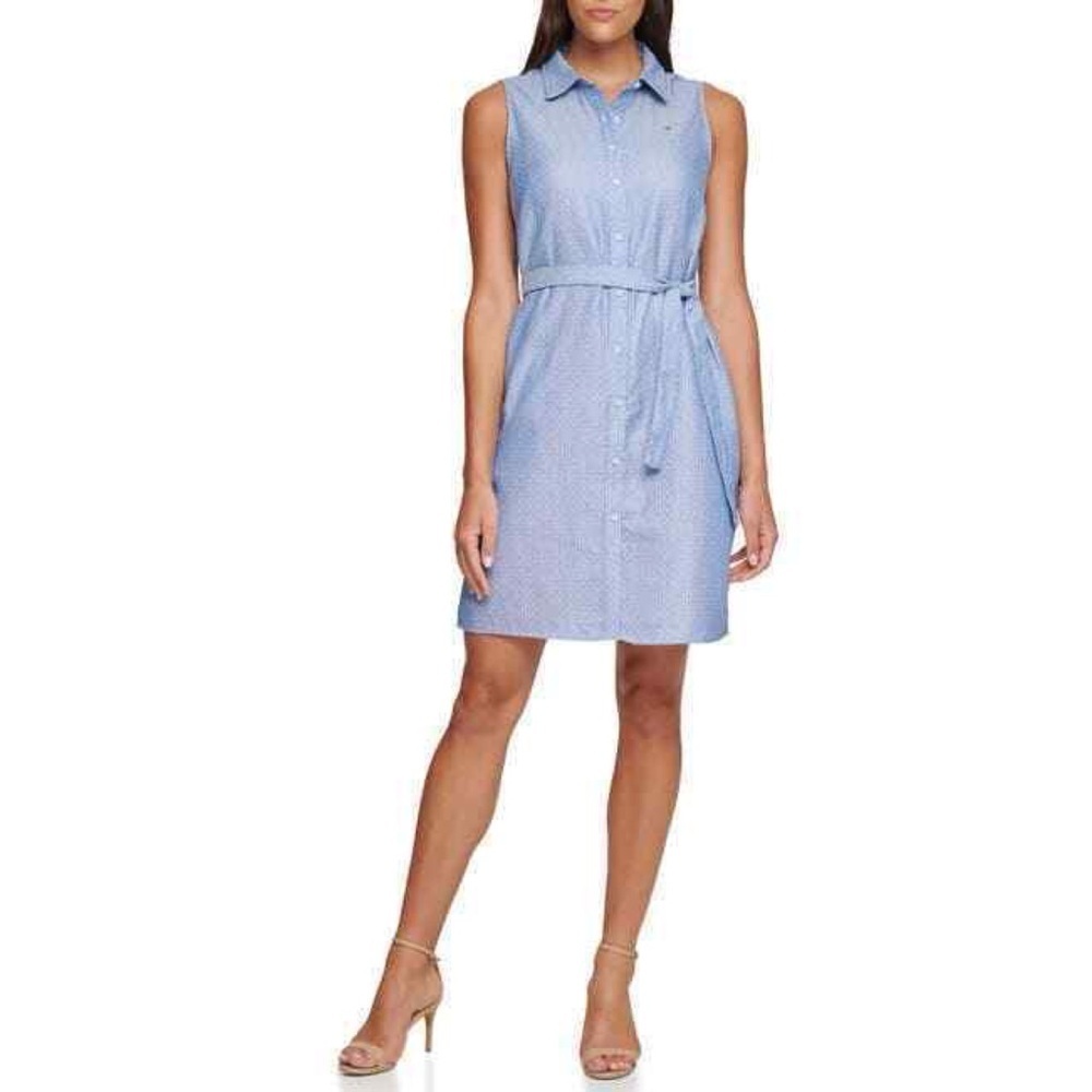 NWT Tommy Hilfiger Blue Polka Dot Sleeveless Tie Waist Button Front Dress 20W - Picture 5 of 7